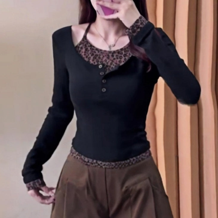 Womens Leopard-Print Patchwork Fake Two-Piece Long-Sleeve Top