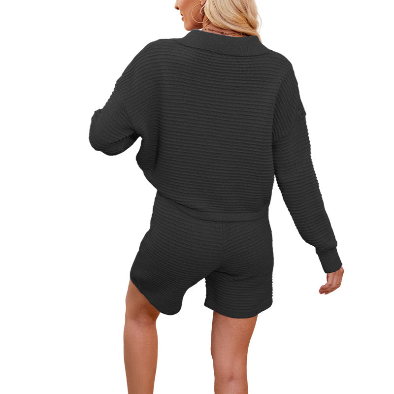 Womens Solid-Color, Loose-Fit, Stylish Knitted Set With Long Sleeves And Shorts