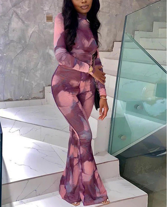 Printed Long-sleeved Fitted Top With Wide-leg Pants