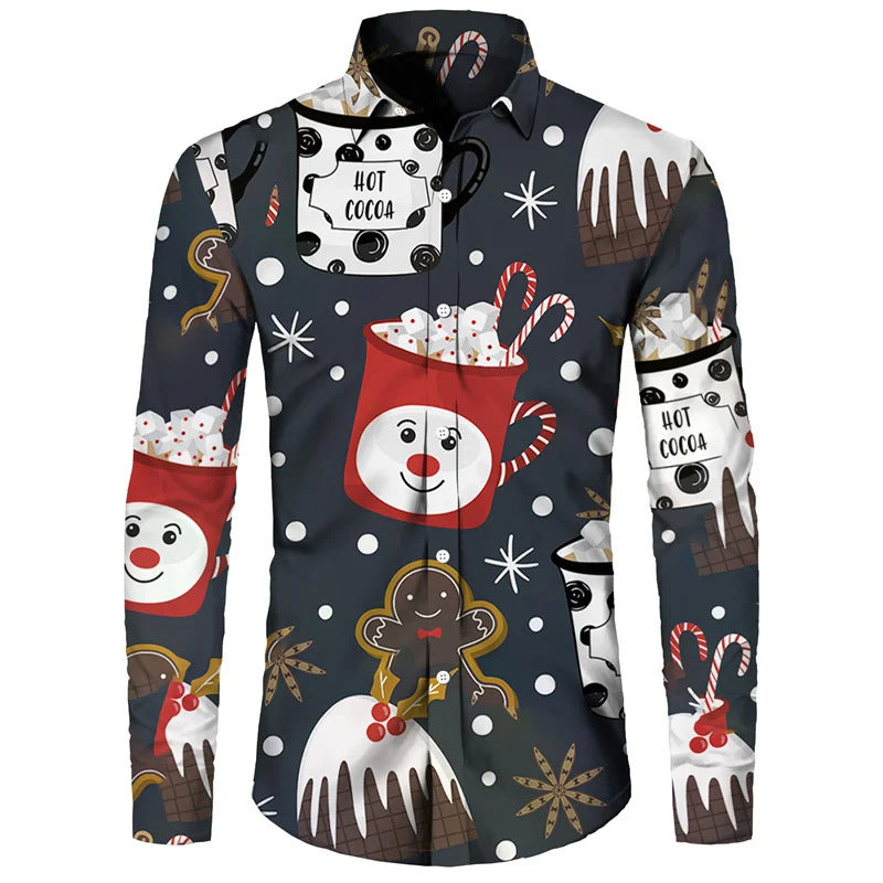Funny Christmas Theme Digital 3D Printing Men's Button Lining Casual Long Sleeve
