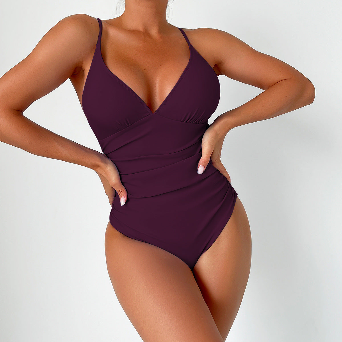 Women's Deep V Pure Color Ribbon Chest Pad One-piece Swimsuit