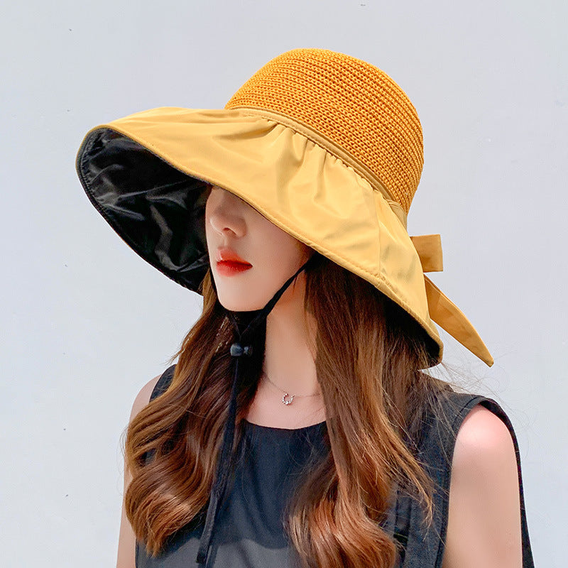Black Glue Bow Wispy Empty Cycling Big Brim Face Sun Protection Hat