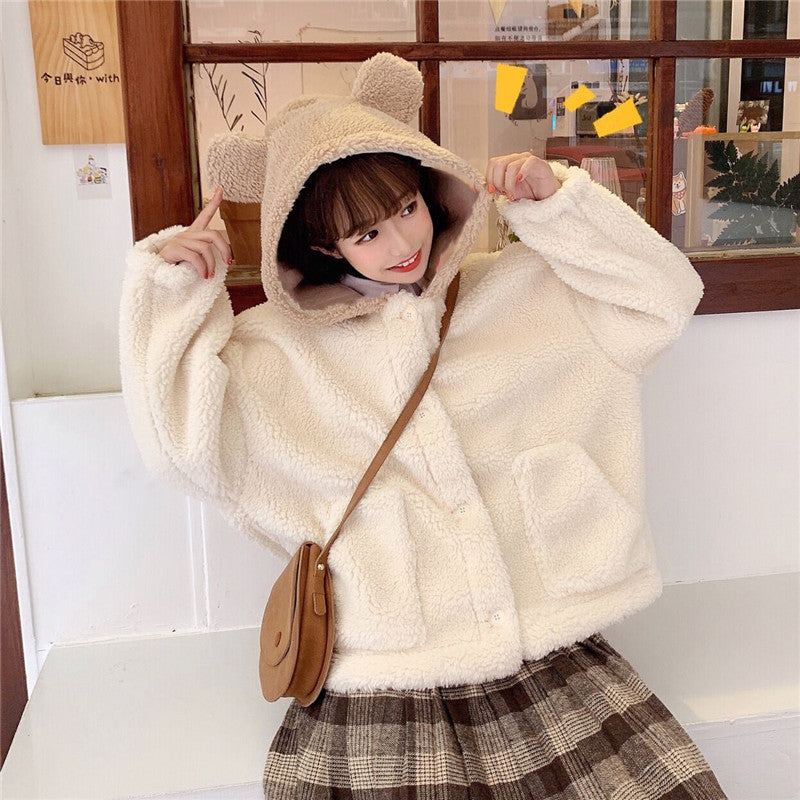 Cute Bear Ear Coat For Women Lamb Wool Winter Cardigan Top