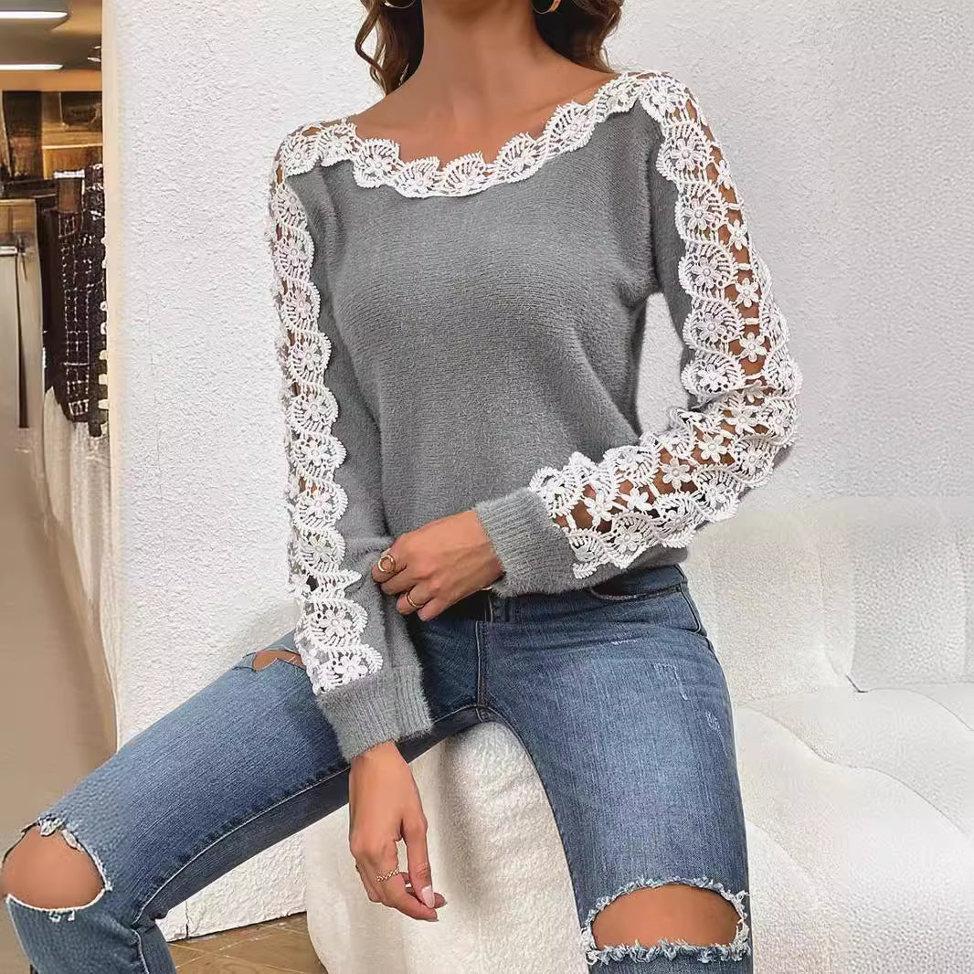 Stylish Lace-Panel Off-the-Shoulder Womens Sweater