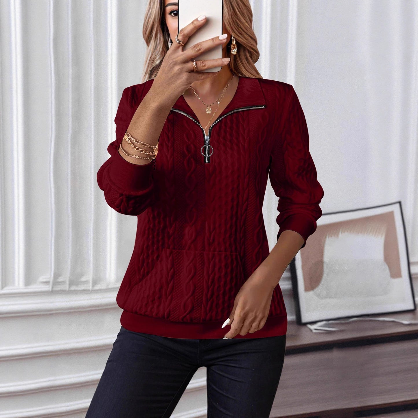 Womens Casual Lapel-collar Zip-up Long-sleeve Hoodie With Pockets