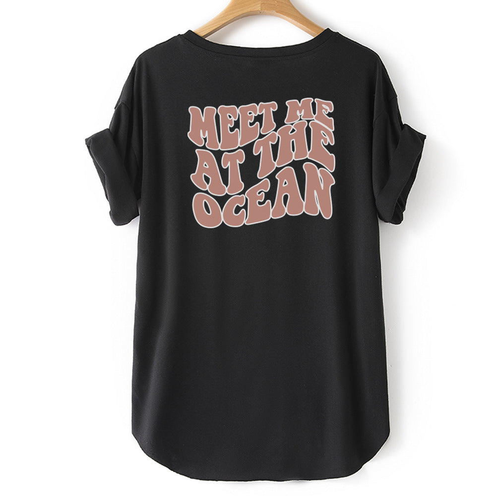 Letters MEET ME AT THE OCEAN Print Short Sleeve T-Shirt