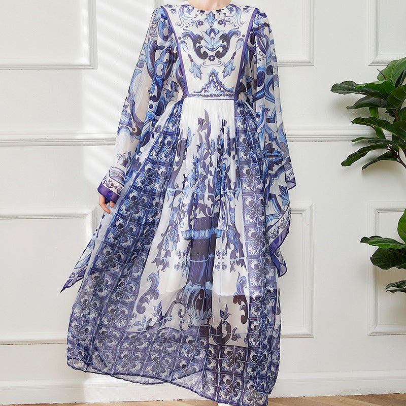 Blue And White Floral Printed Flowing Fairy Dress With Large Swing