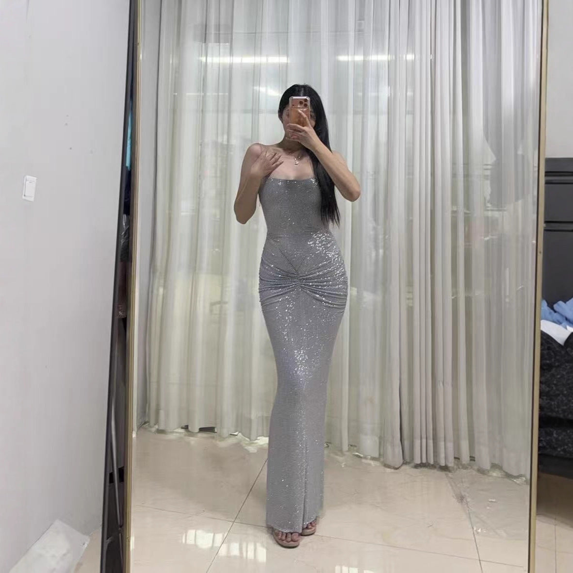 Silver Strap Bodycon Sexy Maxi Dress
