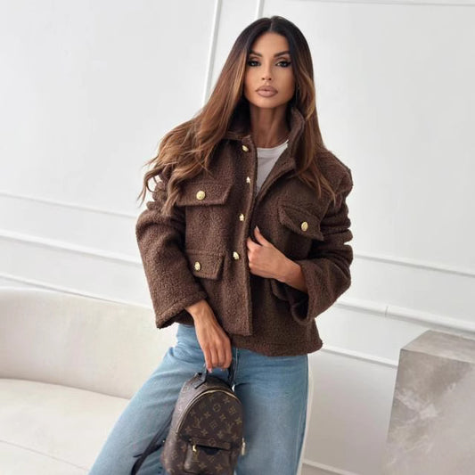 Solid Color Polo Collar Tweed Coat Women