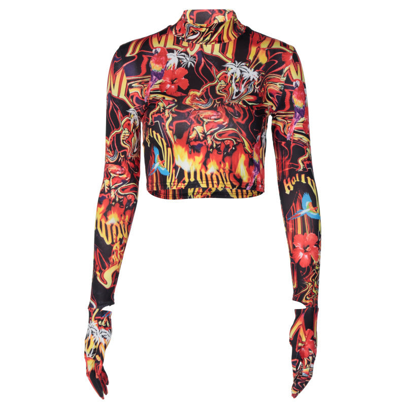European And American Red Long-sleeved Round Neck Cropped T-shirt