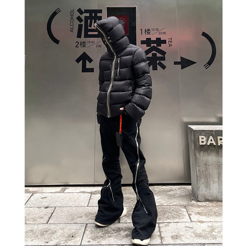Dark Long Zipper Hooded Down Jacket Thickened
