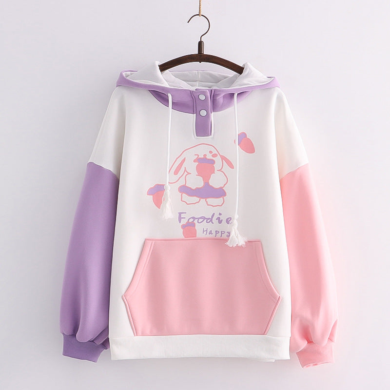Women's Colorblock Large Pocket Print Hooded Fleece Sweatshirt