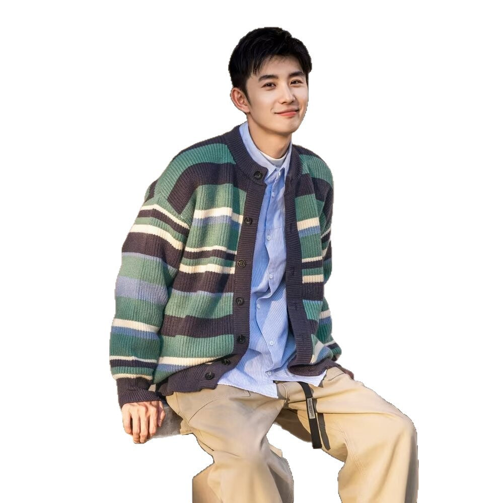 Mens Striped Color-Block Sporty Sweater Jacket