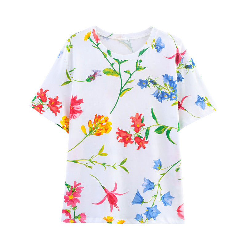 Flower Print Pullover Short-sleeved Casual Top