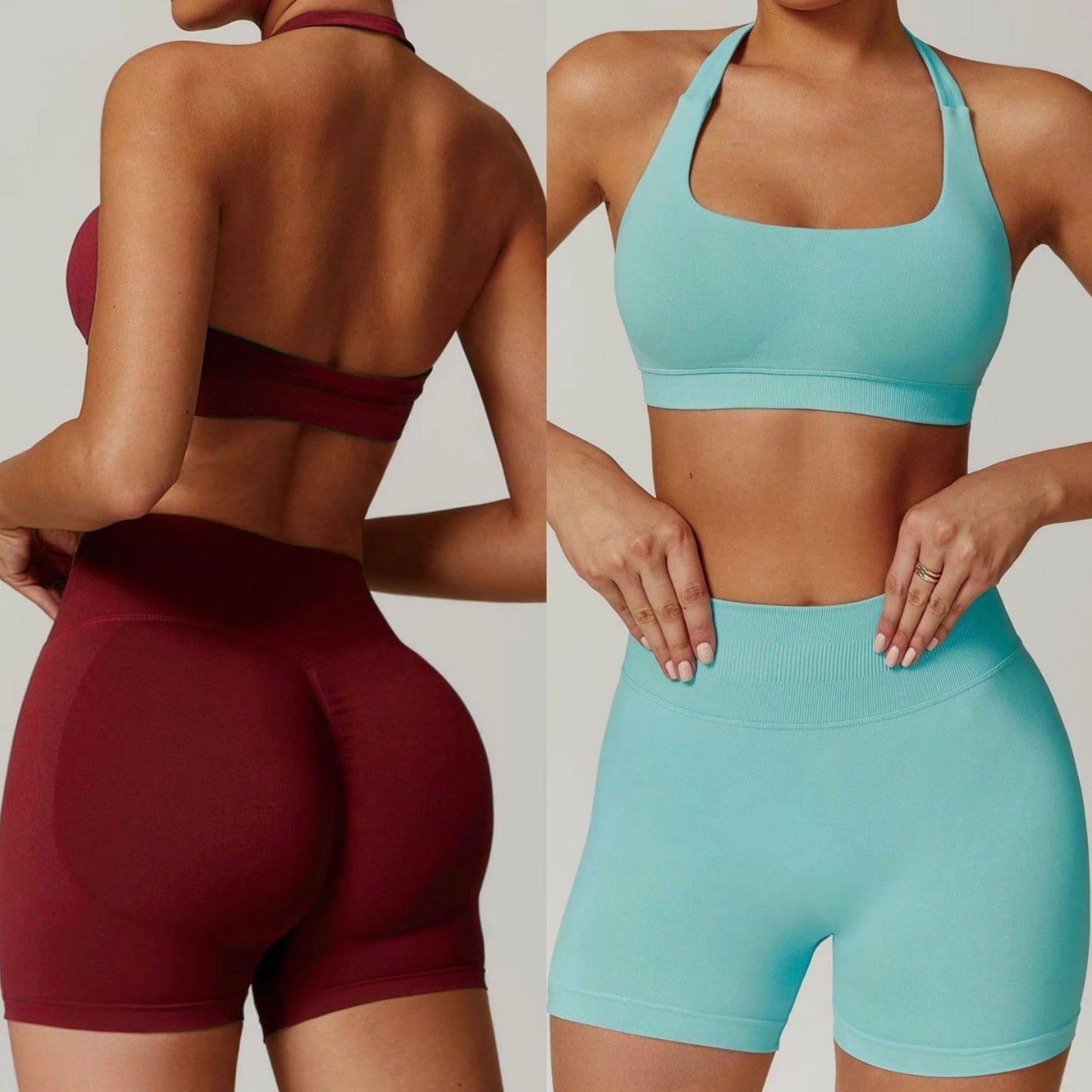 Silk Halter Bra And Peach-butt Shorts Yoga Set