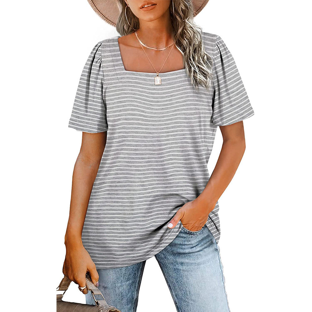 Gathered Striped Square Neck Short Sleeve T-Shirt Women