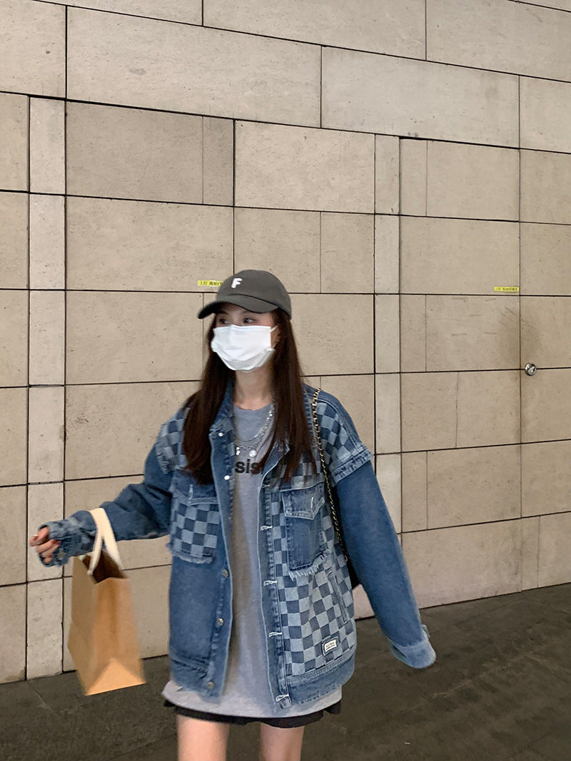 Women's Checkerboard Stitching Denim Jacket