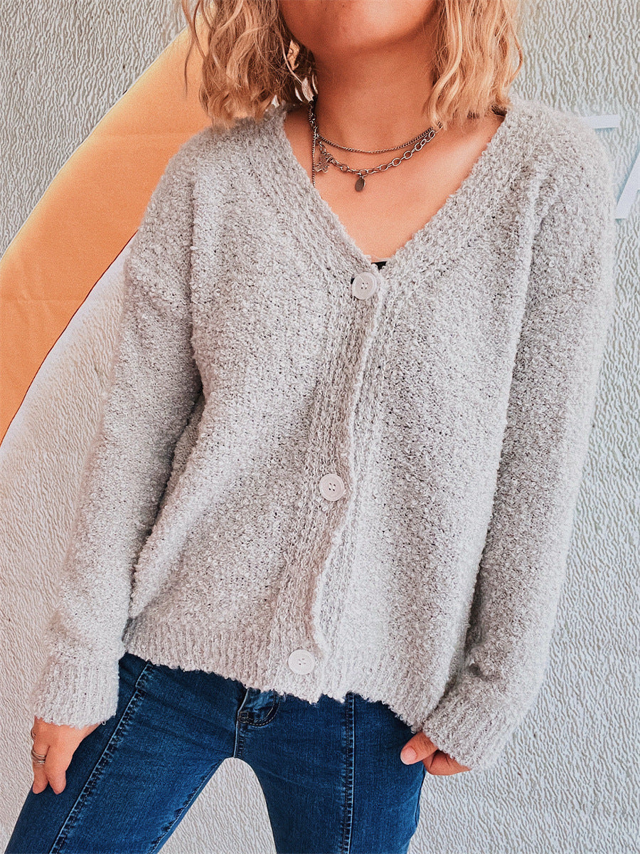 Solid Color And V-neck Single-breasted Long Sleeve Seersucker Knitted Cardigan Coat For Women