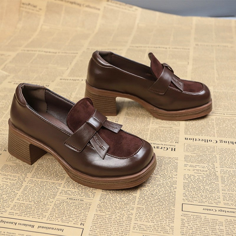 British Style Women's Women's Thick Heel Brown Leather Shoes