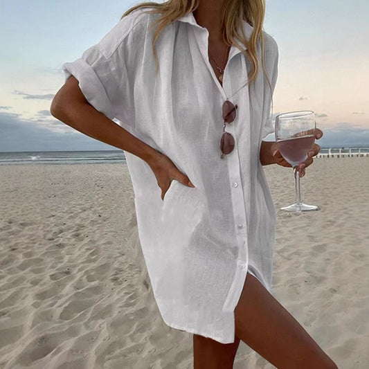 Women's Casual Loose-Fit Fashionable Cotton-Linen Solid-Color Short-Sleeve Top