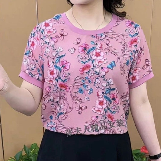 Fashionable Round Neck Floral Loose Slimming Shirt Western Style Middle-aged Mom Wear Short Sleeve