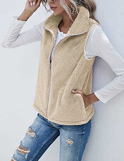 Plush Stand Collar Sleeveless Zipper Lightweight Vest