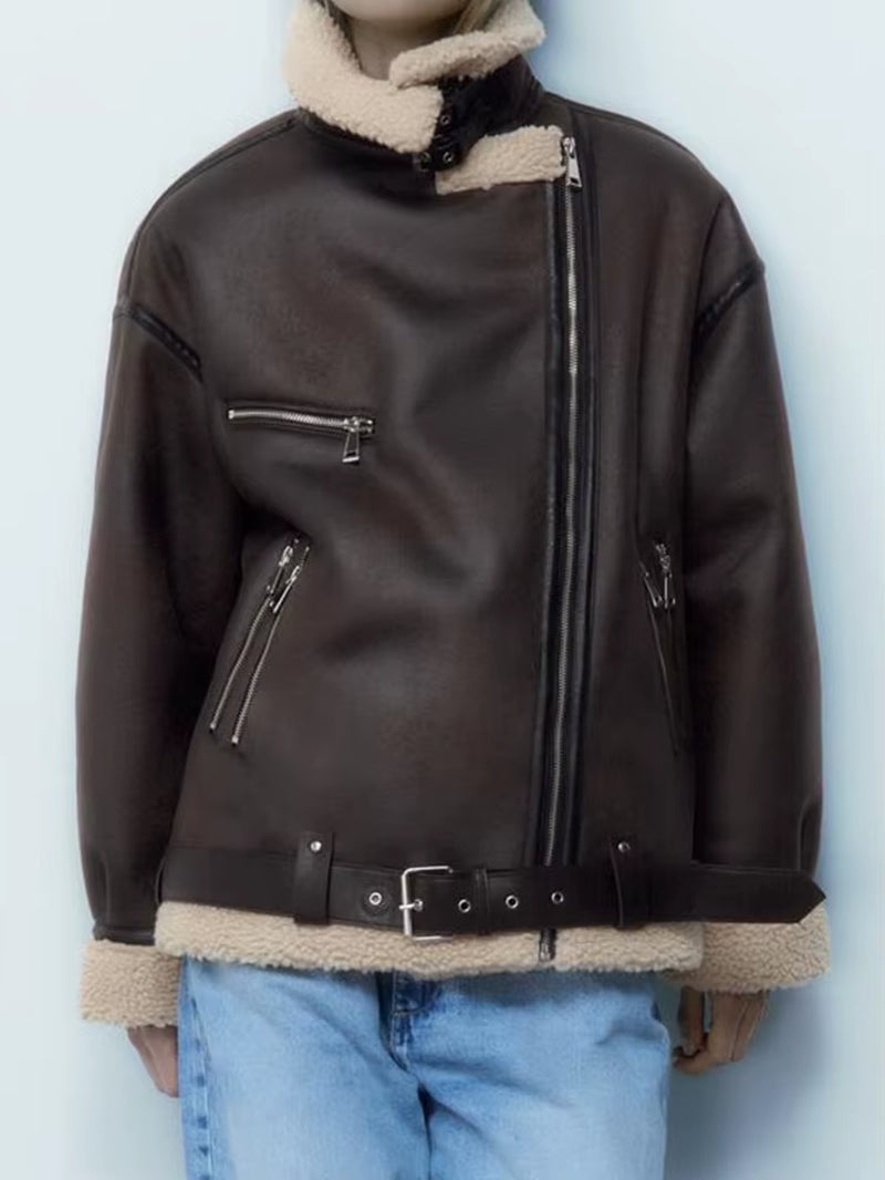 Autumn Winter Women Faux Lamb Fur Thick Warm Jacket with Belt Streetwear Female Zipper Loose Moto Biker Coat Outwear