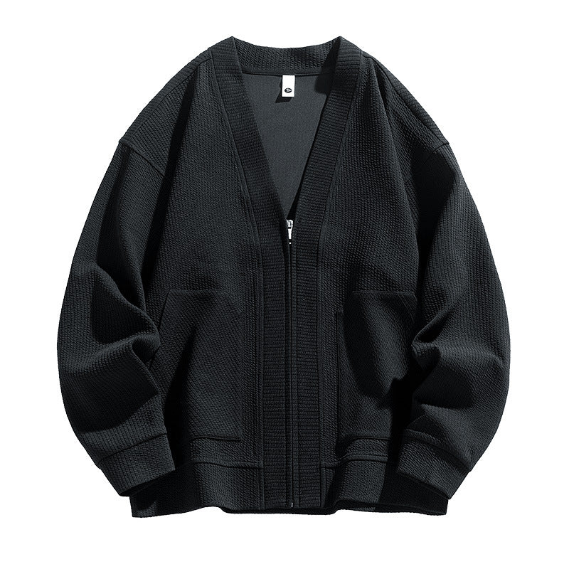 Mens Plus Size Solid Color Cardigan Zip Up Jacket