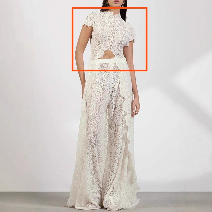 Womens Lace Solid Color Hollow-Out Crew Neck Fashionable Top And Pants Set