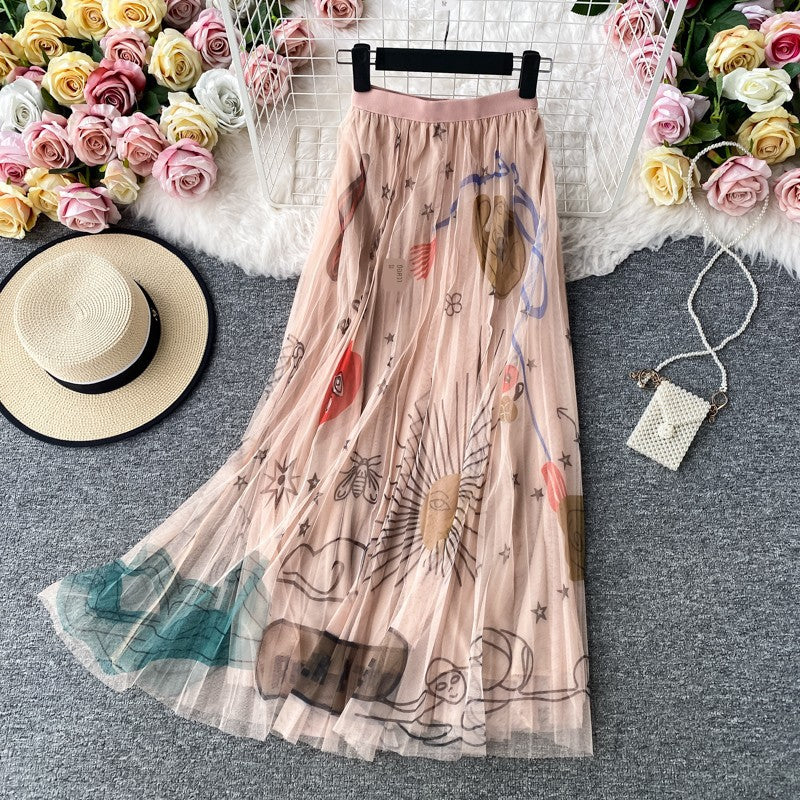 High-Waisted Slimming A-Line Maxi Skirt With Floral Print And Mesh Fabric