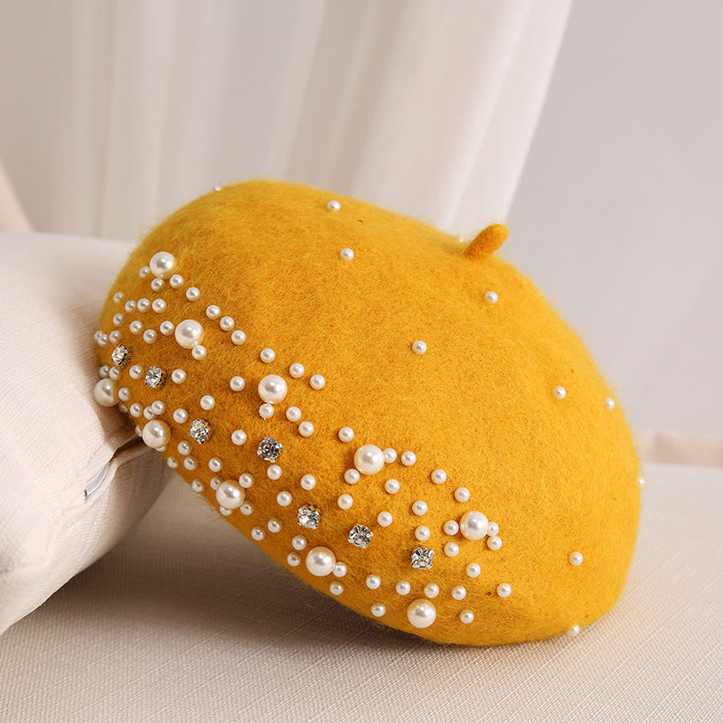 Ladies Small Fragrance Pearl Rhinestone Wool Beret