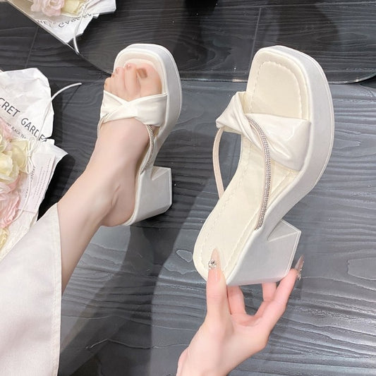 Summer New Women's Block Heel Square Toe Sandals Rhinestone One-Strap Beach Sandals