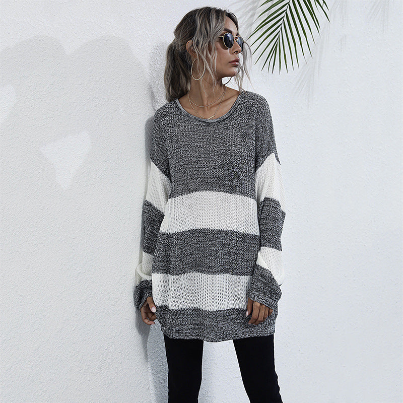 Striped Color Matching Knitted Inner Match Female Mid-length Sweater