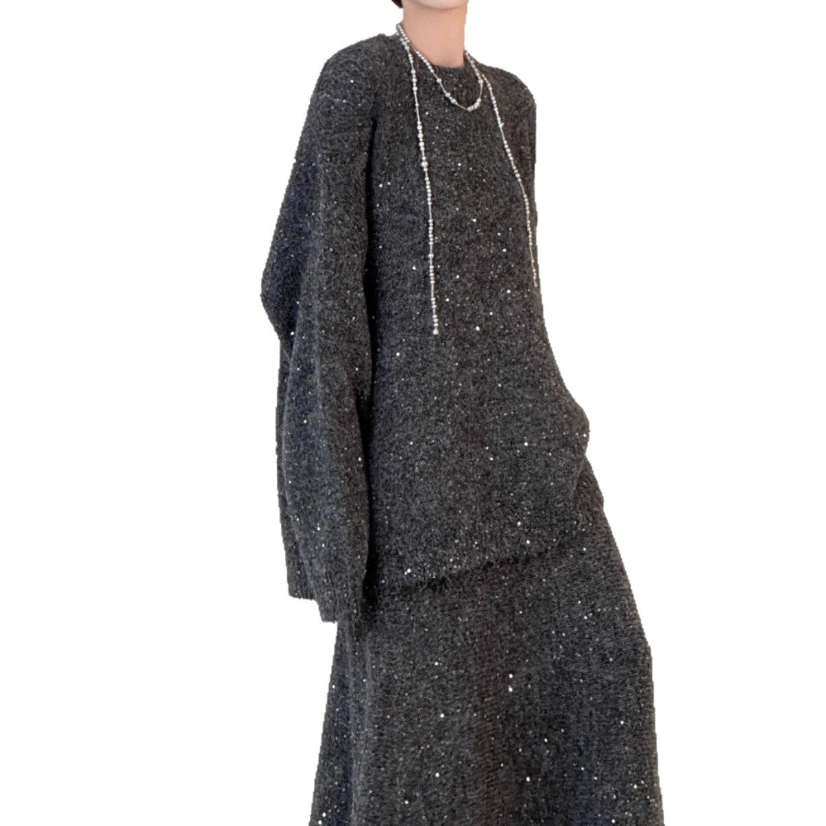 Loose Sequin Sweater Women Elastic Waist Fishtail Skirt Set