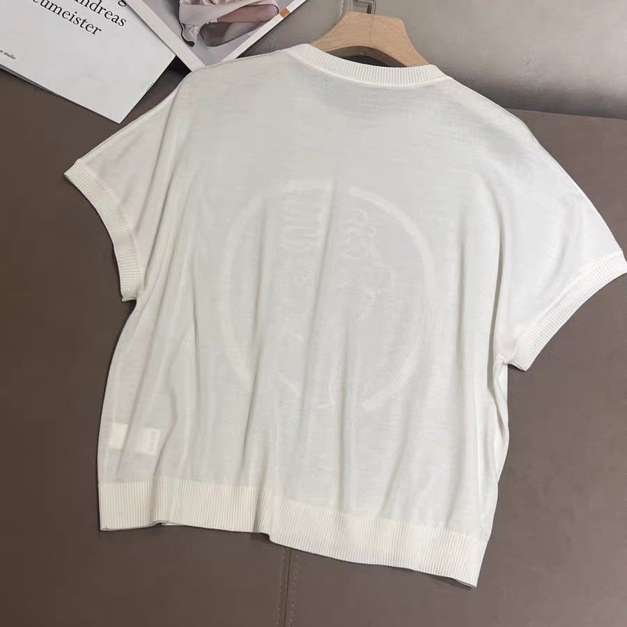 Young Commuter Heavy Industry Beads Pattern Pullover Wool Knitwear Short Sleeve Women