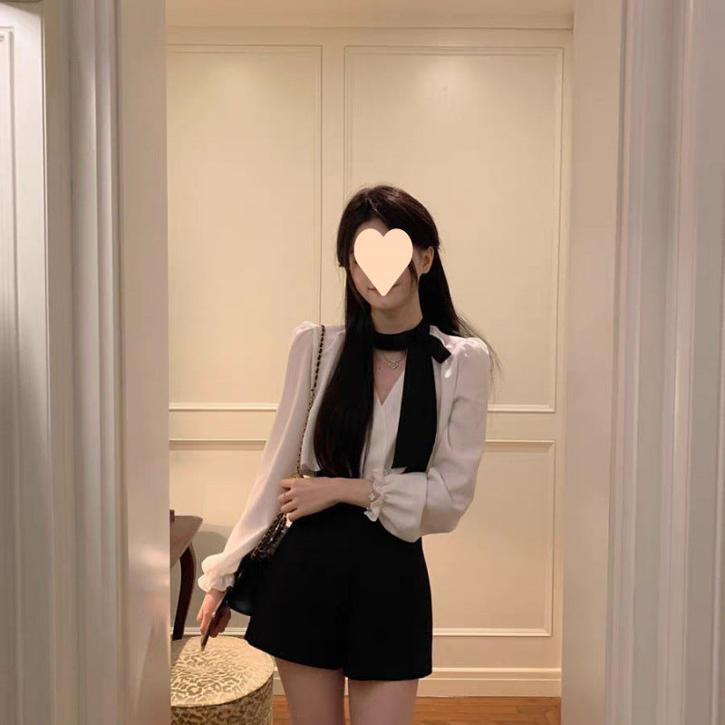 Fashion Dignified Sense Of Design Niche Black And White Long Sleeve Shirt
