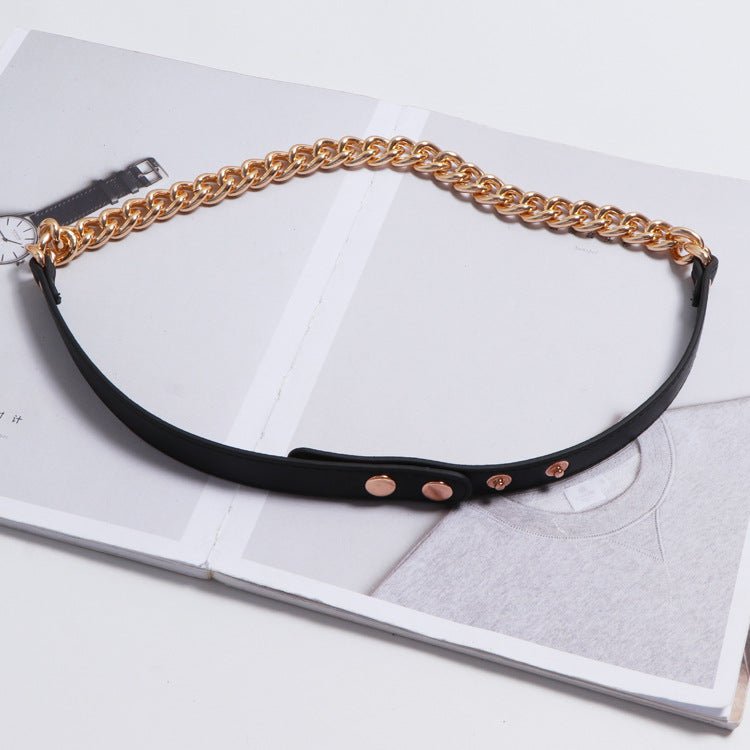 Metal Chain Stitching PU Leather Belt Female Wild Belt Decoration Dress Shirt Waist Chain