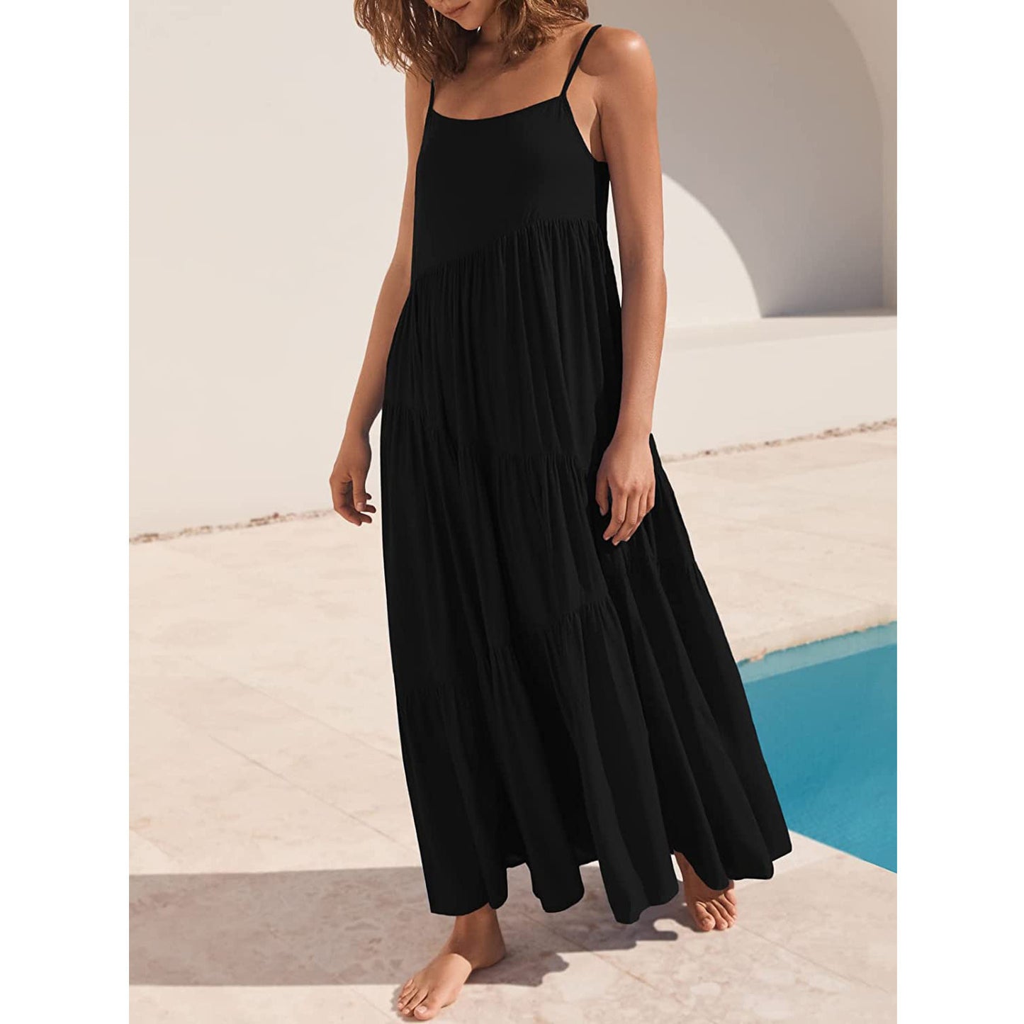 Womens Loose Casual Pleated Irregular Dress Beach Slip Maxi Dress