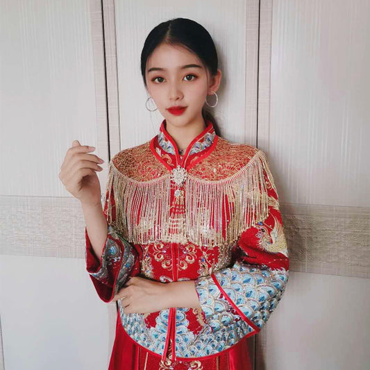 Xiuhe Sjal Brude Bryllup Rød Guld Kvast Blonde Traditionel Kjole