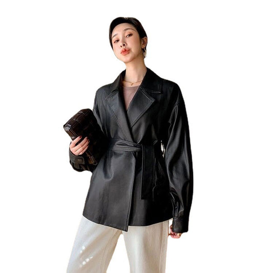 Loose Belt Small Leather Jacket