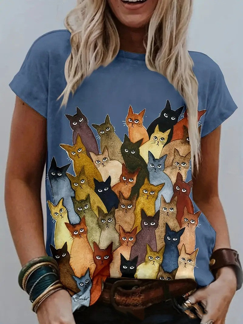 Multicolor Printing Round Neck Short Sleeve T-shirt