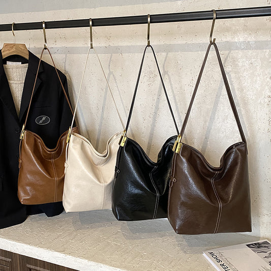 Large-capacity Textured Soft Leather Bag In A Korean-style Single-shoulder Design