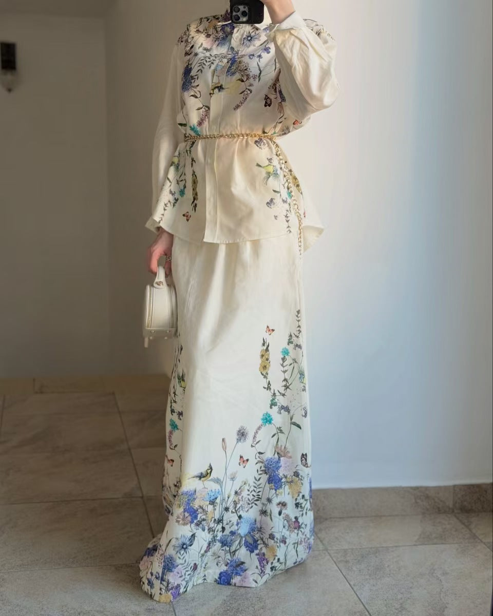 Women's Fashion Flower-Print Casual Long Dress Set