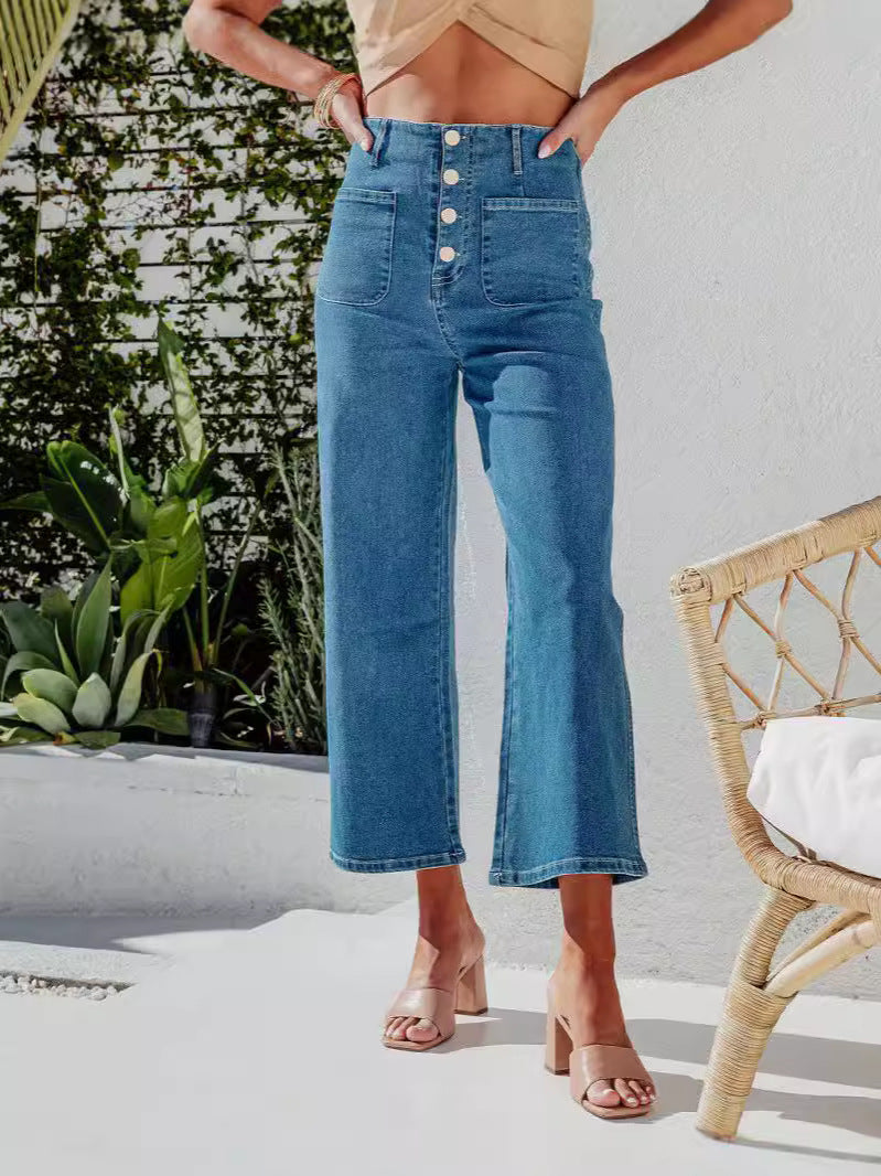 Retro Løse Lige Bukser Med Én Række Ornamenter, Høj Talje, Vide Ben, Jeans Til Kvinder