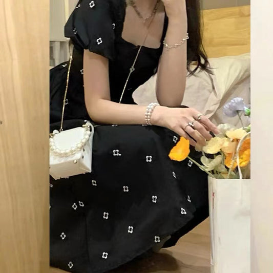 French-style Sweet Square-Neck Black Floral Print Dress
