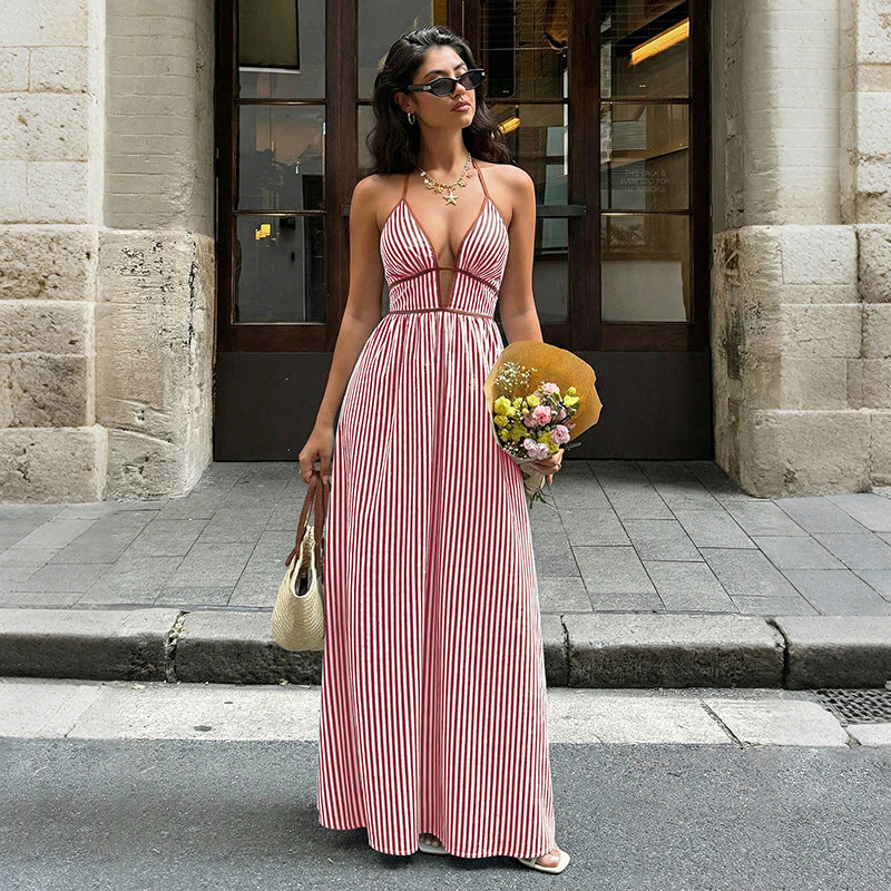 Deep V-neck Striped Resort Dress