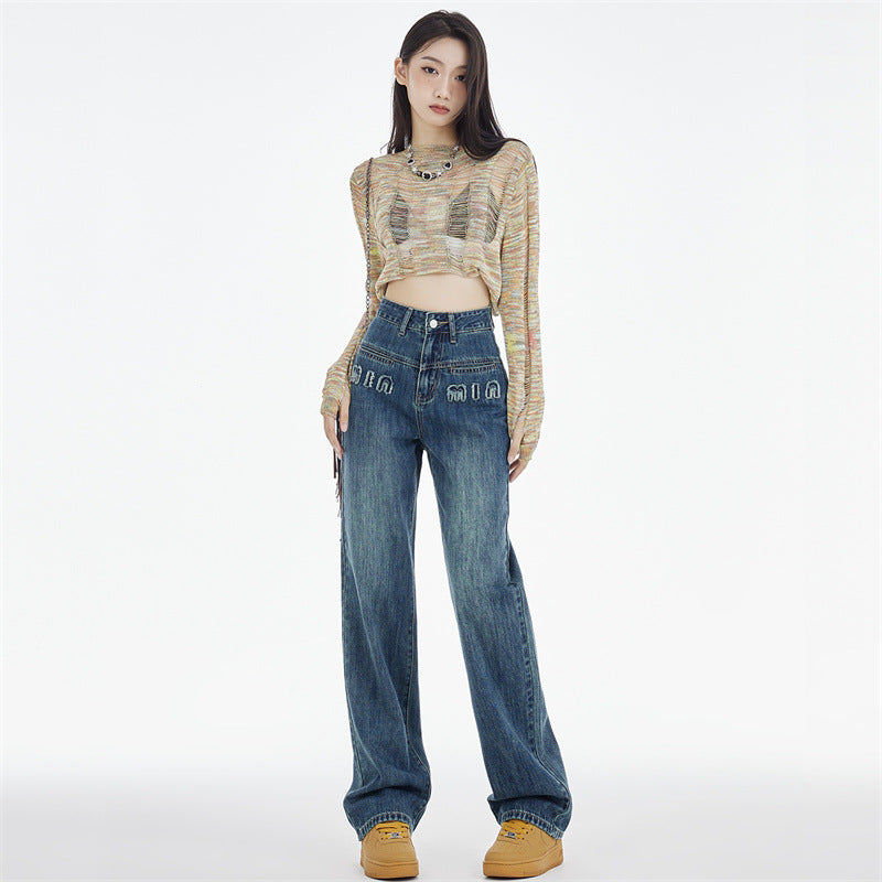 Dame Straight Jeans Mørkeblå Broderede Bogstaver
