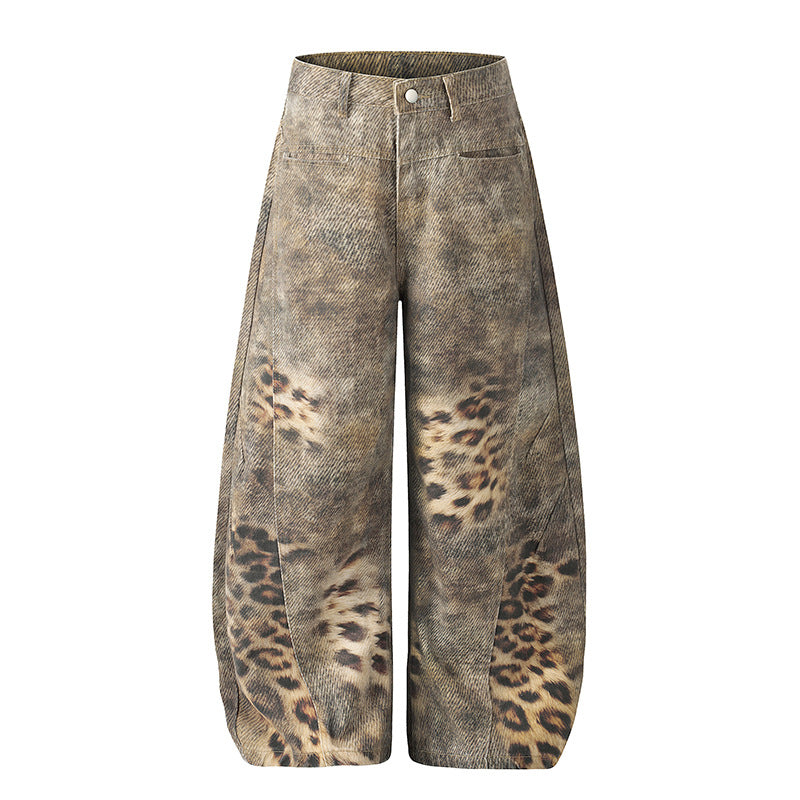 Womens American-Style Vintage Distressed Leopard-Print Wide-Leg Denim Jeans