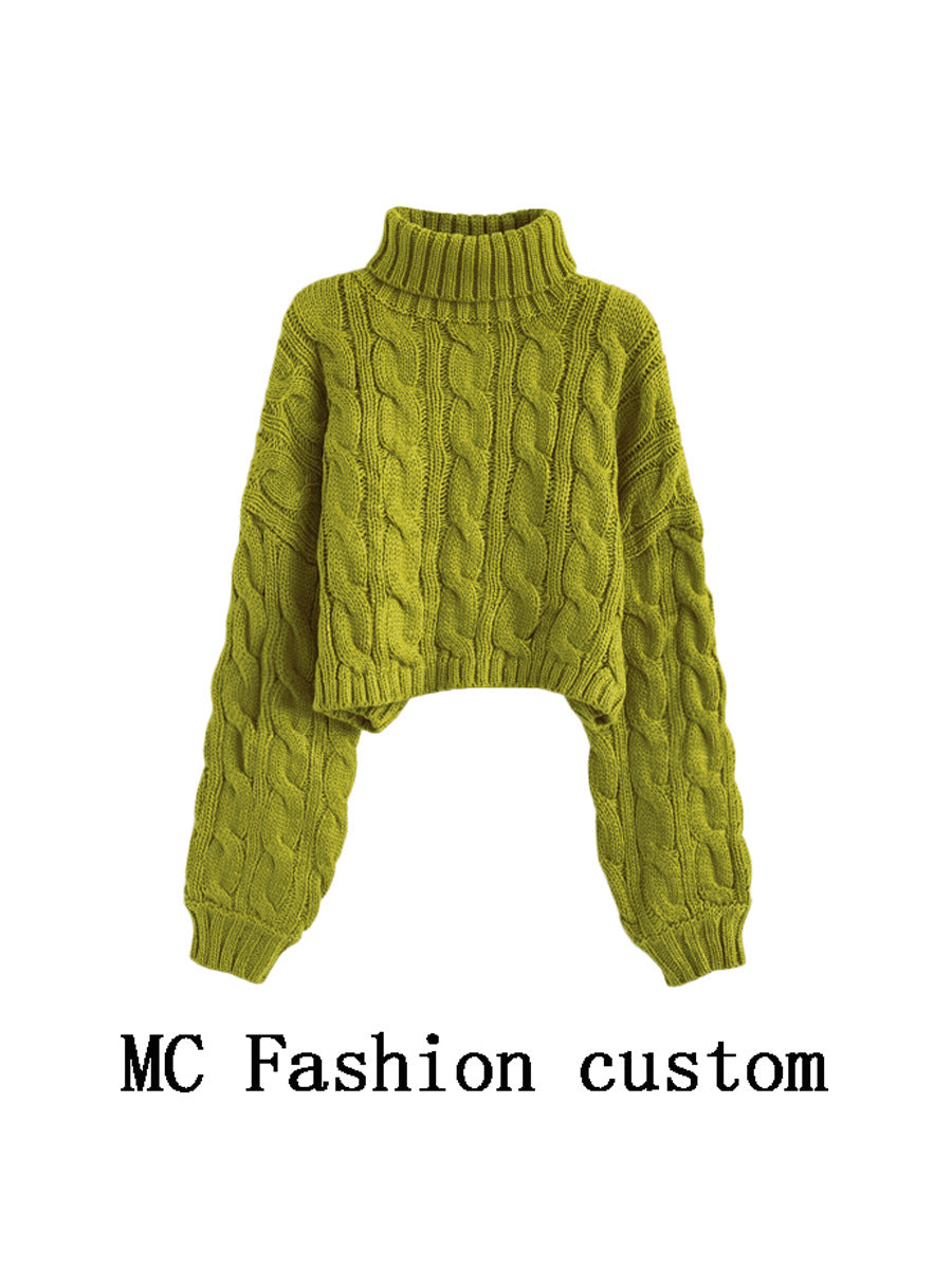 Turtleneck Pullover Short Cable-knit Sweater Women
