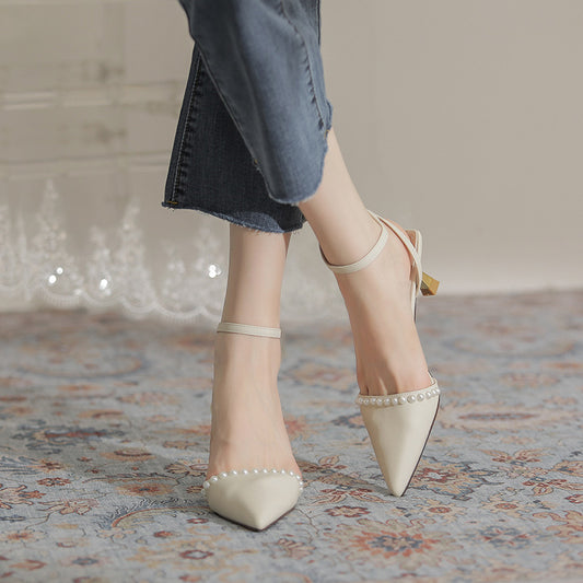 Women's Summer New Sweet Style Pearl Pointed Fashion French High Heels